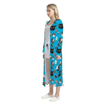 Stylish Blue Moggy Print Women's Open Front Cardigan