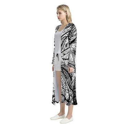 Black and White Croton Women's Casual Long Open Front Cardigan