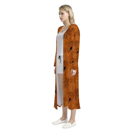 Seashell Ocean Design in Orange Women's Casual Long Open Front Cardigan