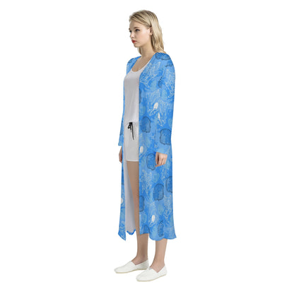 Blue Seashell Ocean Women's Casual Long Open Front Cardigan