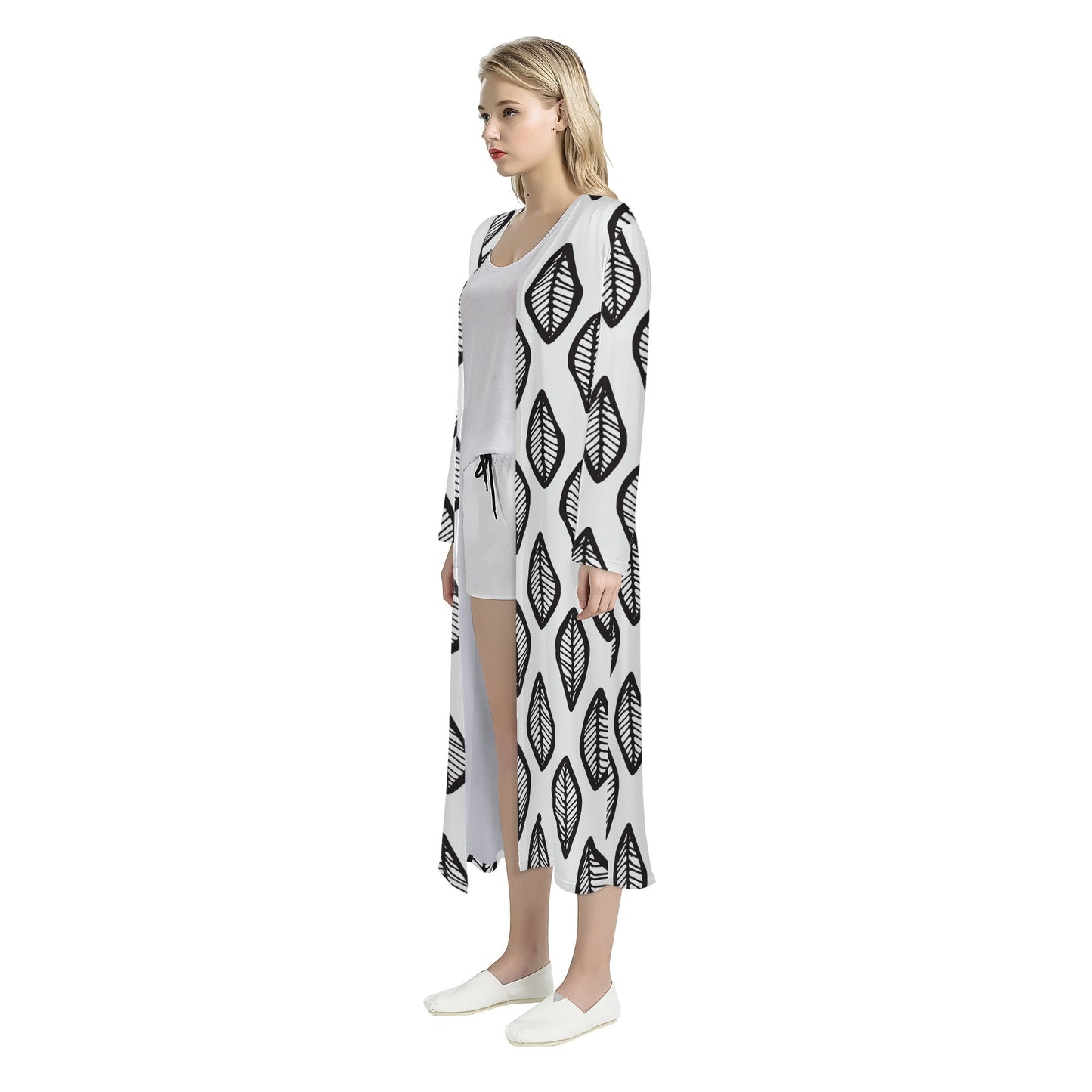 African | Ethnic | Mudcloth | #16 Black and White Women's Casual Long Open Front Cardigan