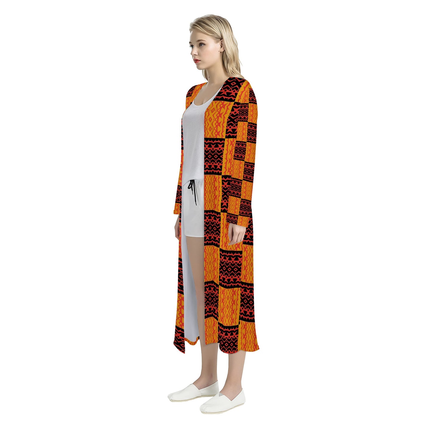 Black and Orange Tribal Design - Women's Casual Long Open Front Cardigan