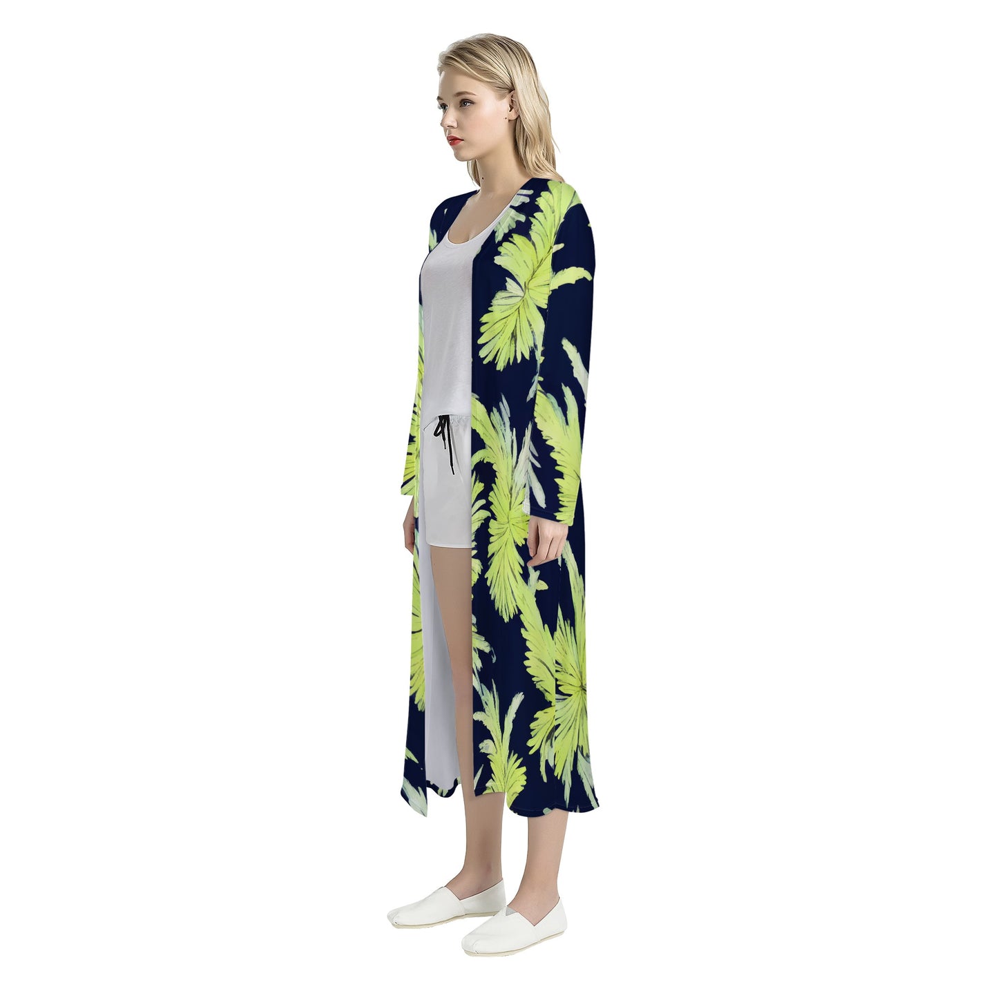 Puakenikeni - Lime Green and Black Women's Casual Long Open Front Cardigan - Luxtrini, LLC