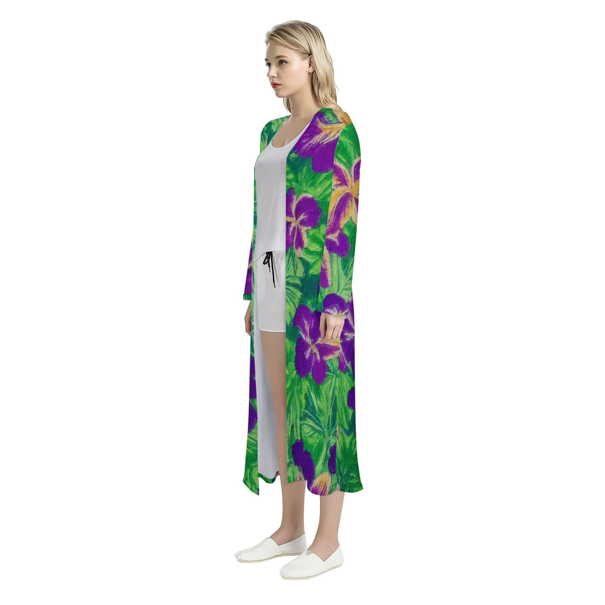 Blue Flag Iris on Green Women's Casual Long Open Front Cardigan - Luxtrini, LLC