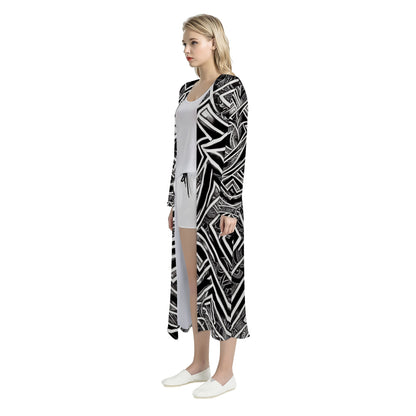 Black and White Polynesian Women's Casual Long Open Front Cardigan