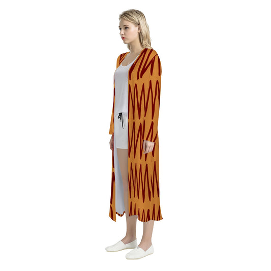 African Ethnic Mudcloth Orange Women's Casual Long Open Front Cardigan Women