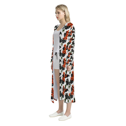Tropical Red Women's Casual Long Open Front Cardigan