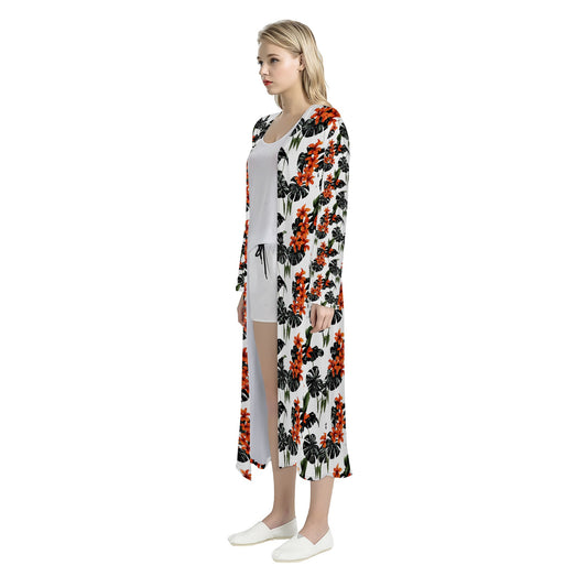 Tropical Red Women's Casual Long Open Front Cardigan