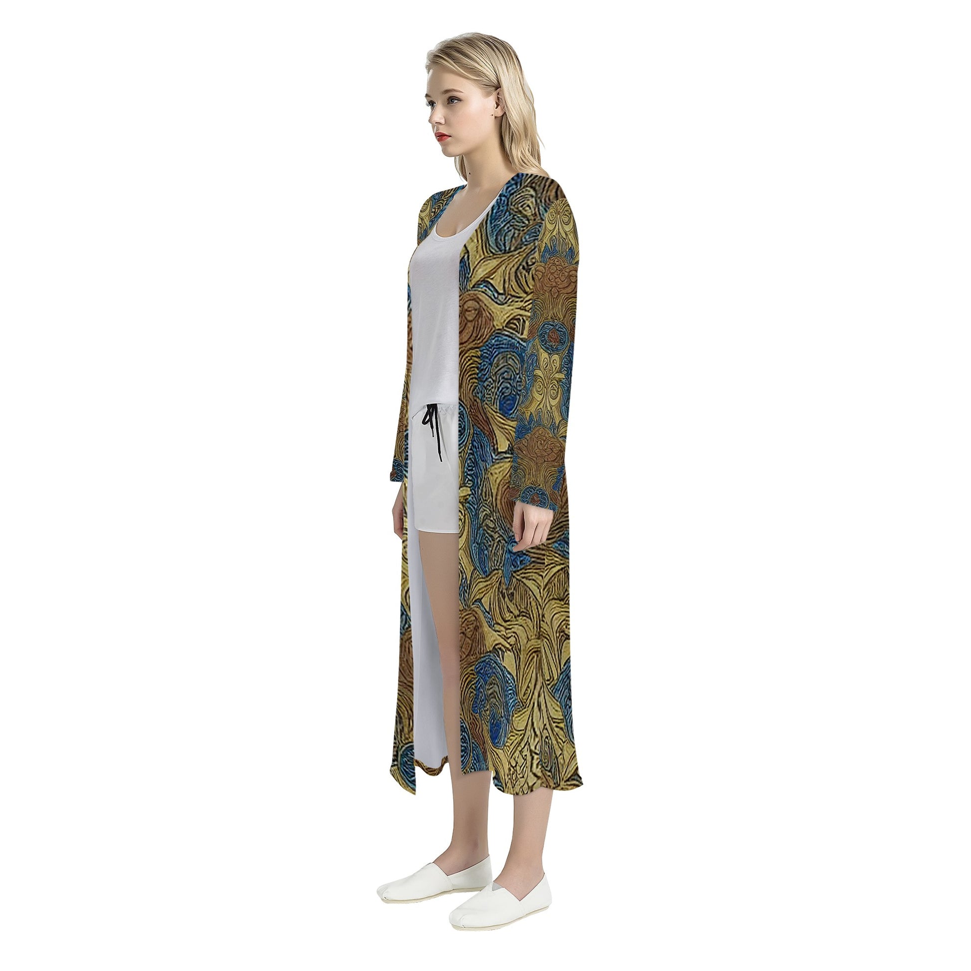 African Ethnic Blue Gold Brown Women's Casual Long Open Front Cardigan