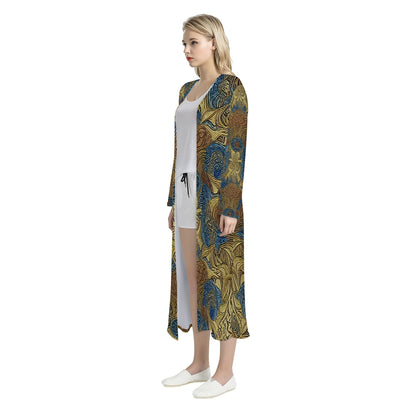 African Ethnic Blue Gold Brown Women's Casual Long Open Front Cardigan