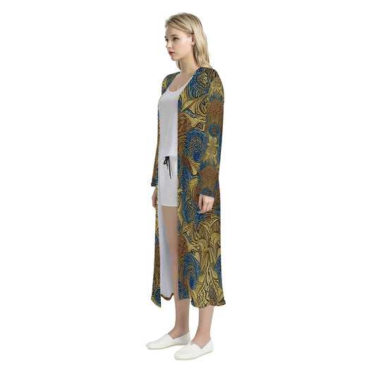 African Ethnic Blue Gold Brown Women's Casual Long Open Front Cardigan