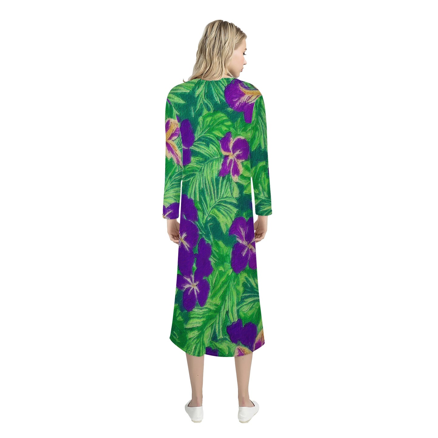 Blue Flag Iris on Green Women's Casual Long Open Front Cardigan - Luxtrini, LLC