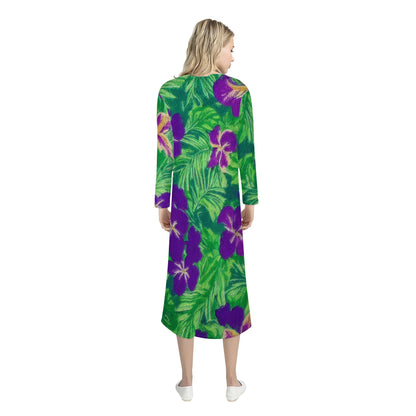 Blue Flag Iris on Green Women's Casual Long Open Front Cardigan - Luxtrini, LLC