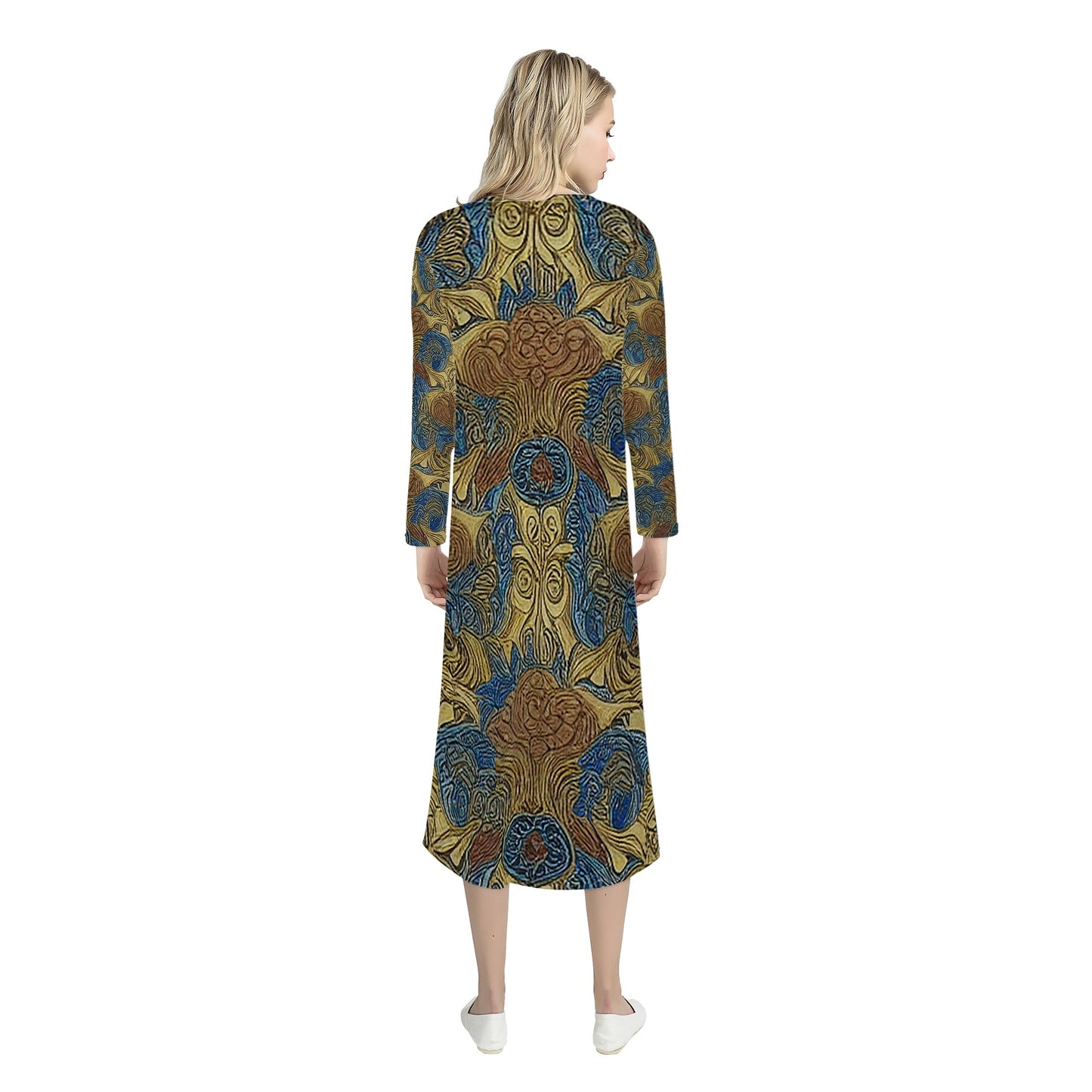 African Ethnic Blue Gold Brown Women's Casual Long Open Front Cardigan