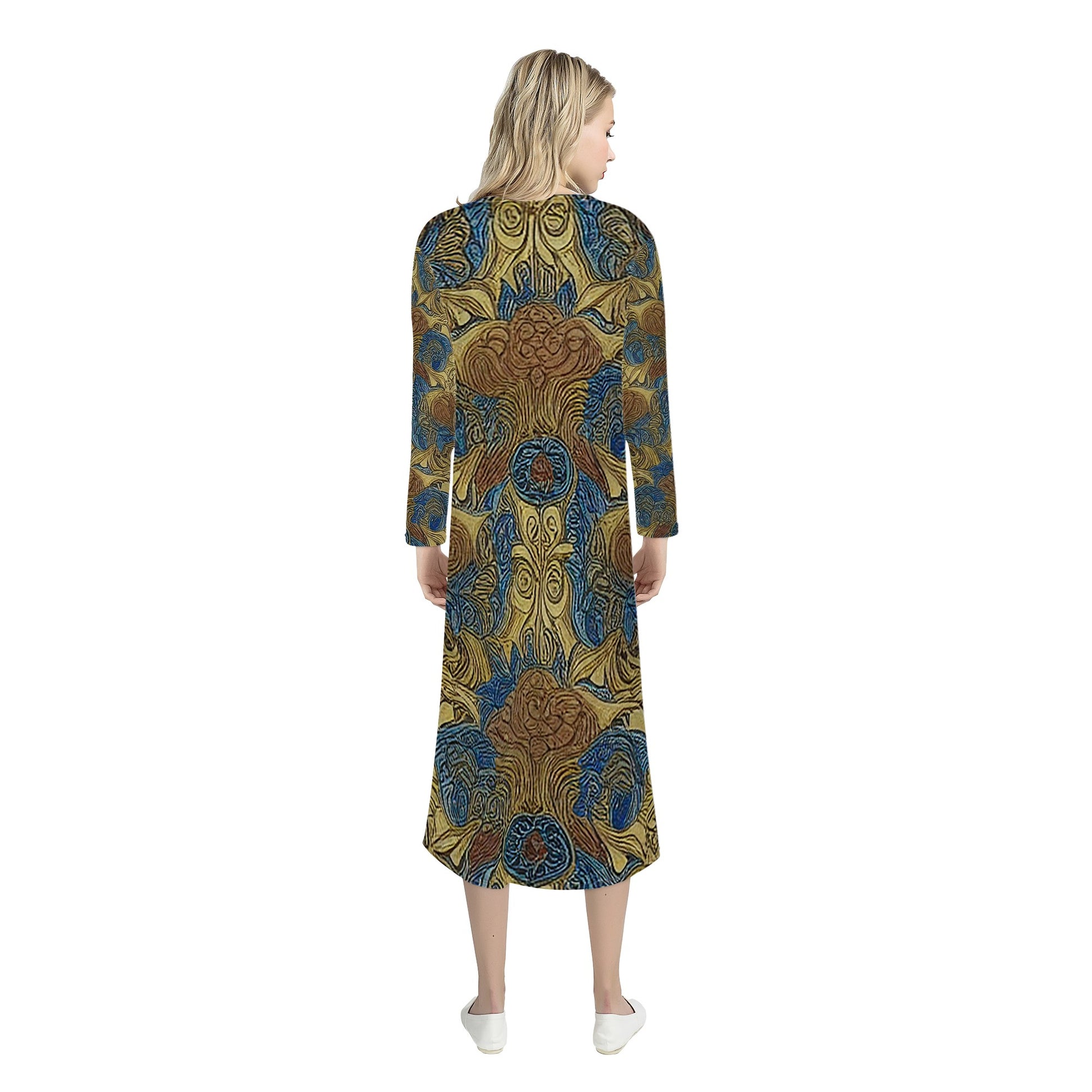 African Ethnic Blue Gold Brown Women's Casual Long Open Front Cardigan