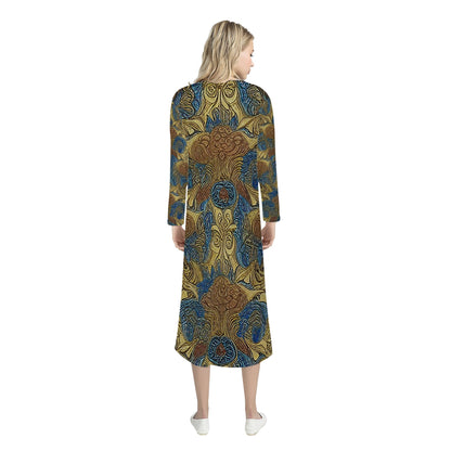 African Ethnic Blue Gold Brown Women's Casual Long Open Front Cardigan