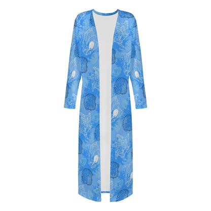 Blue Seashell Ocean Women's Casual Long Open Front Cardigan