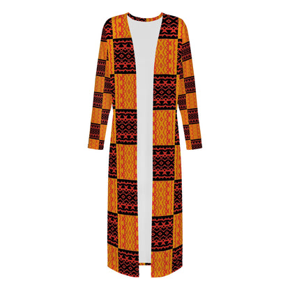 Black and Orange Tribal Design - Women's Casual Long Open Front Cardigan