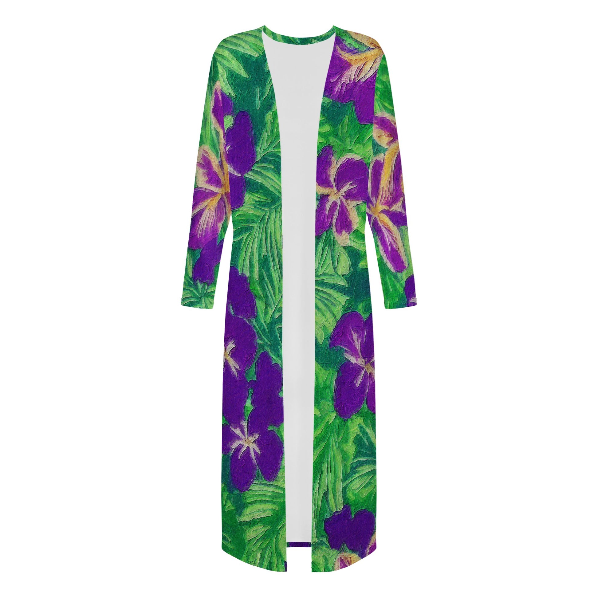 Blue Flag Iris on Green Women's Casual Long Open Front Cardigan - Luxtrini, LLC