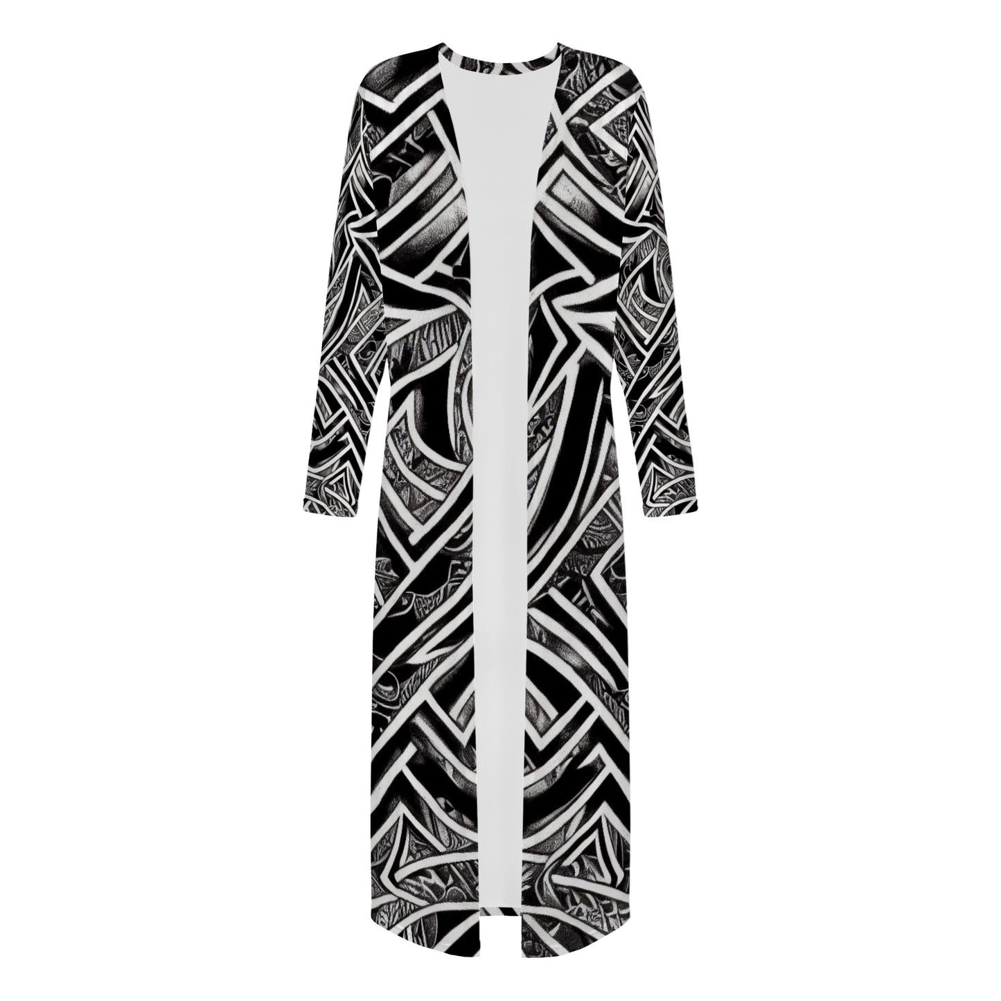 Black and White Polynesian Women's Casual Long Open Front Cardigan