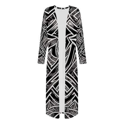 Black and White Polynesian Women's Casual Long Open Front Cardigan