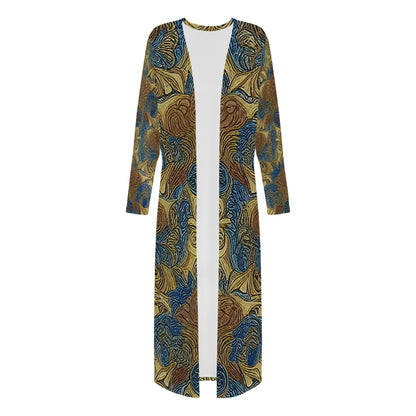 African Ethnic Blue Gold Brown Women's Casual Long Open Front Cardigan