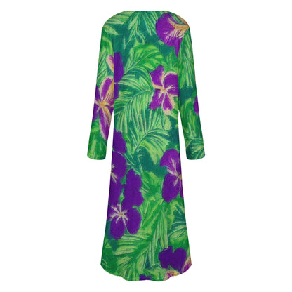 Blue Flag Iris on Green Women's Casual Long Open Front Cardigan - Luxtrini, LLC