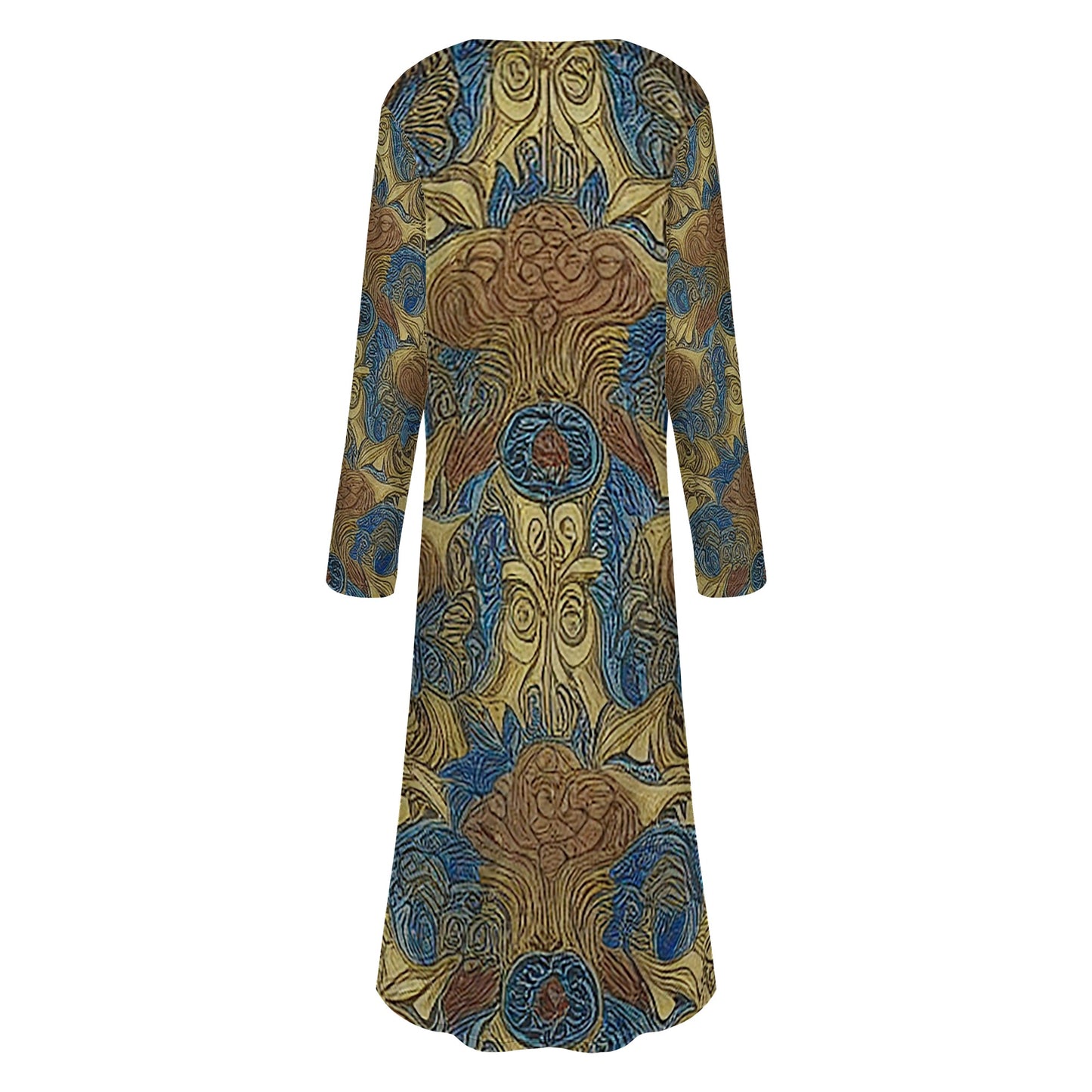 African Ethnic Blue Gold Brown Women's Casual Long Open Front Cardigan