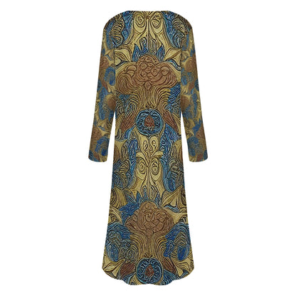 African Ethnic Blue Gold Brown Women's Casual Long Open Front Cardigan