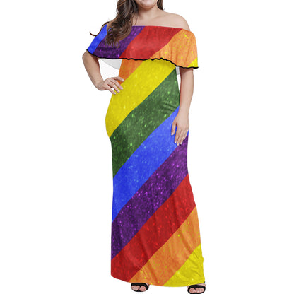 Lgbt Pride Motif Flag Pattern Women Off-shoulder Dress - Luxtrini, LLC