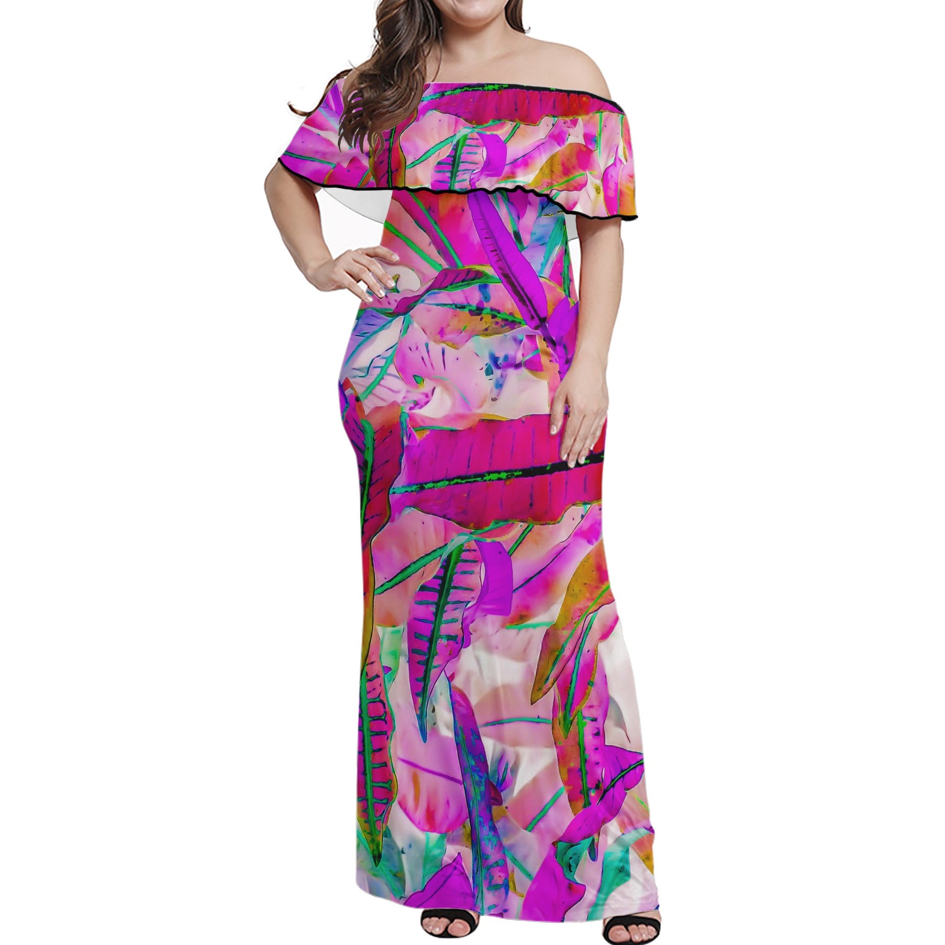 Purple Croton Women Off-shoulder Dress - Luxtrini, LLC