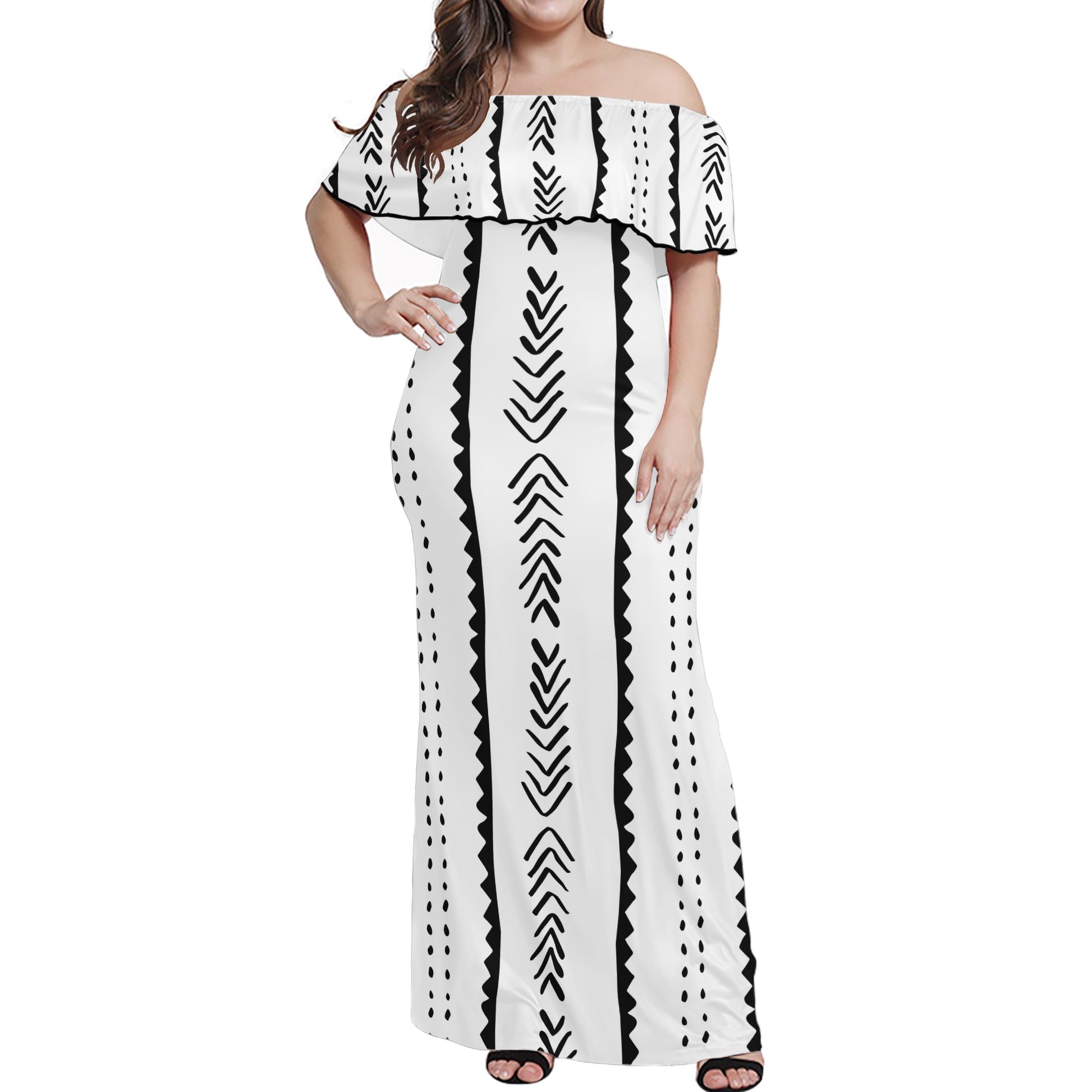 Mudcloth Pattern #20 Women Off-shoulder Dress - Luxtrini, LLC