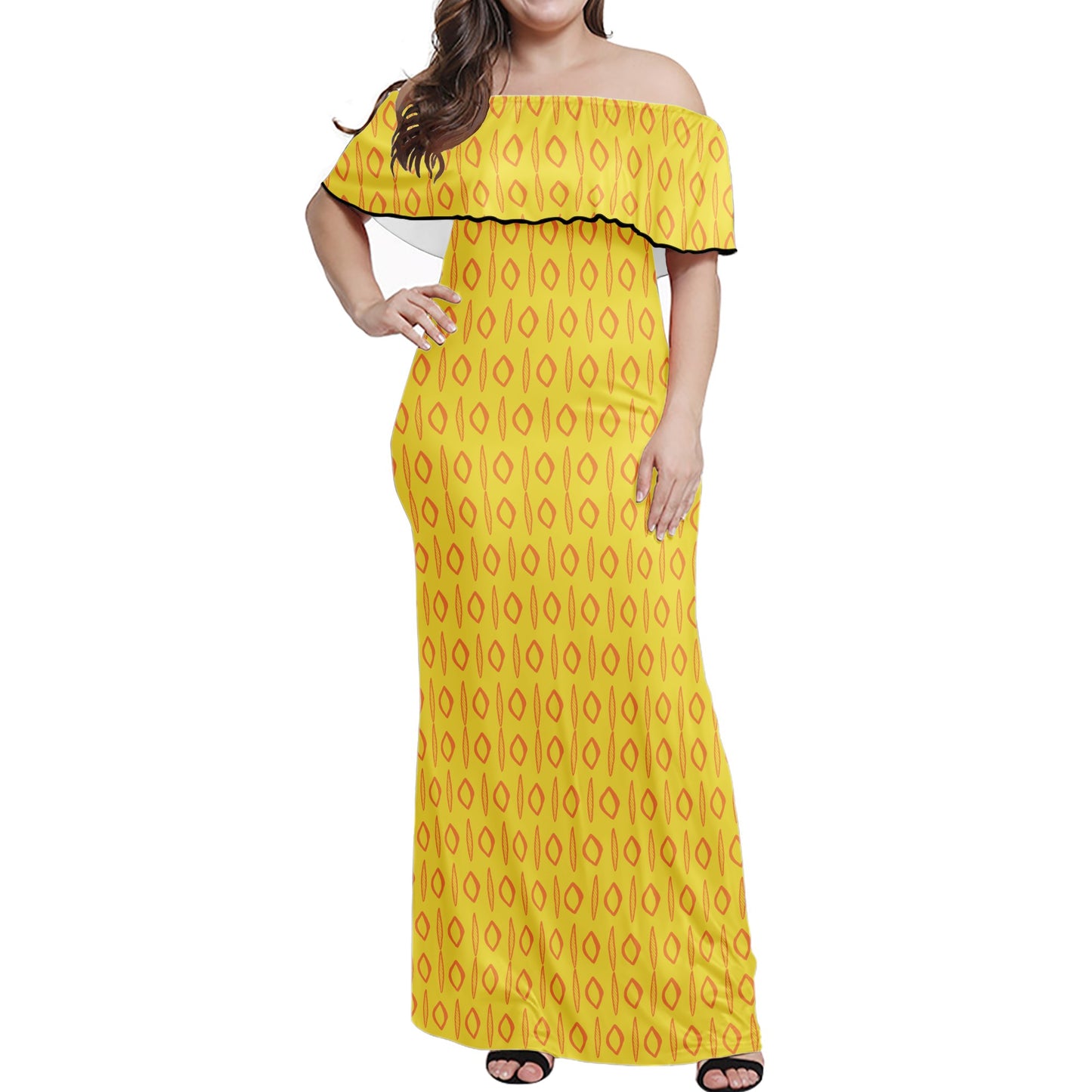 African Mud Print #14 Yellow Women Off-shoulder Dress - Luxtrini, LLC