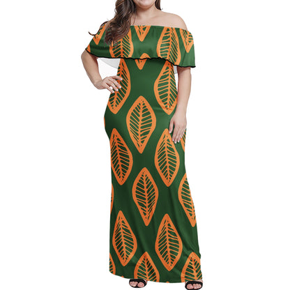 African Mud Cloth #16 Green and Orange Women Off-shoulder Dress - Luxtrini, LLC