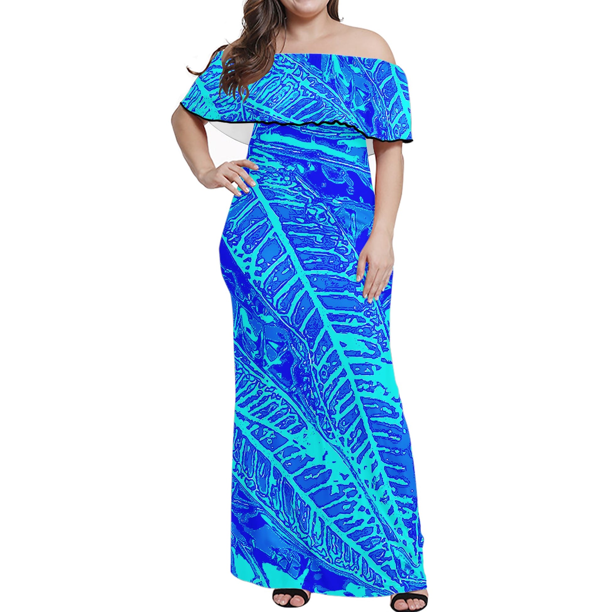 Vibrant Blue Croton Pattern Women Off-shoulder Dress - Luxtrini, LLC