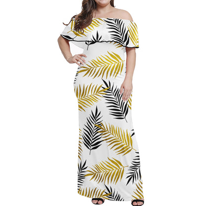 Black and Gold Palm Branches Women Off-shoulder Dress - Luxtrini, LLC