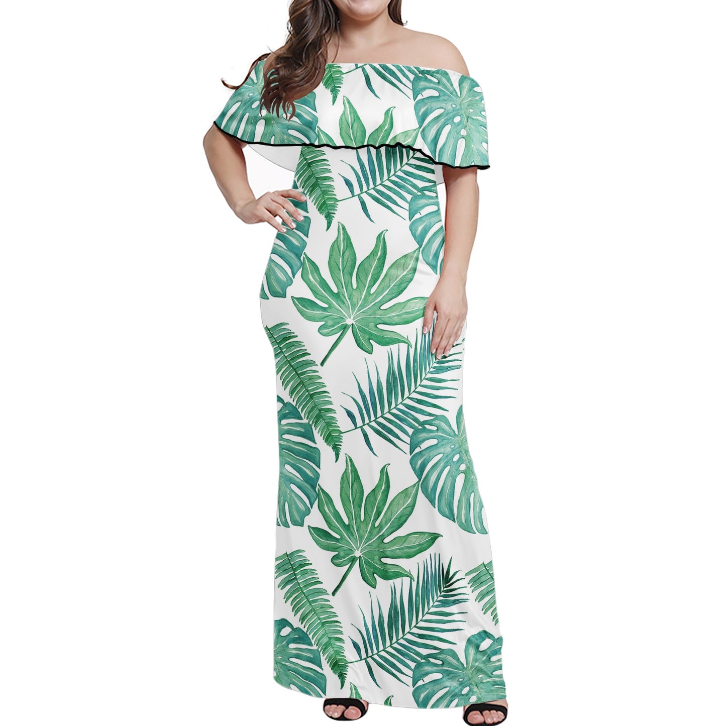 Palm and Monstera Leaf Green Pattern Women Off-shoulder Dress - Luxtrini, LLC