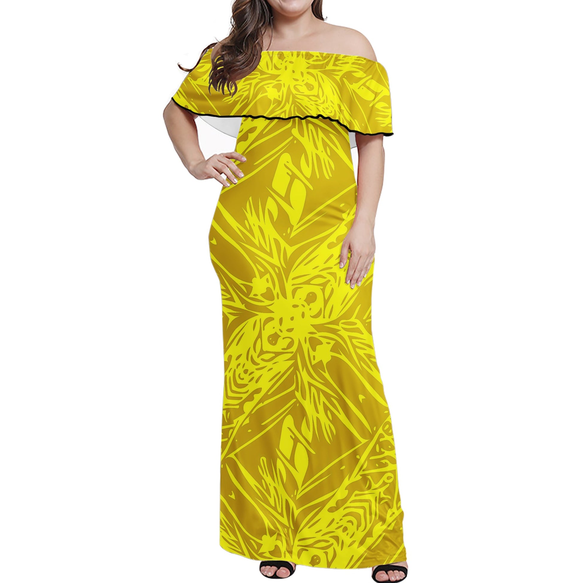 Yellow Fern Vector Abstract Women Off-shoulder Dress - Luxtrini, LLC