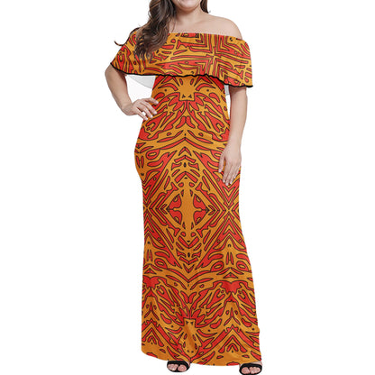 Orange Tribal Pattern Women Off-shoulder Dress - Luxtrini, LLC