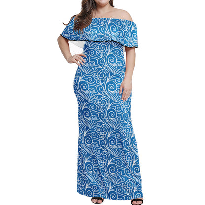 Blue Wind Chinese Women Off-shoulder Dress - Luxtrini, LLC