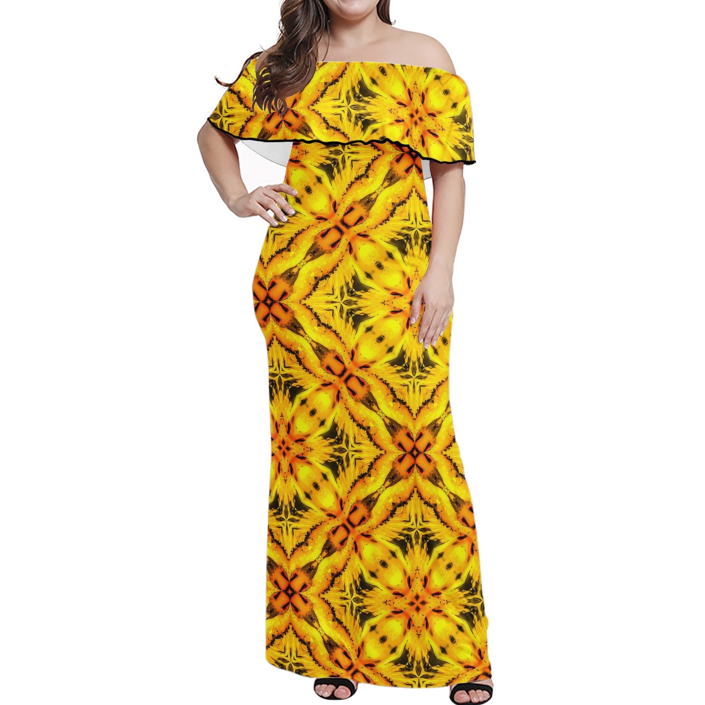 Yellow Toghu: traditional outfit of Northwestern Cameroon Women Off-shoulder Dress - Luxtrini, LLC