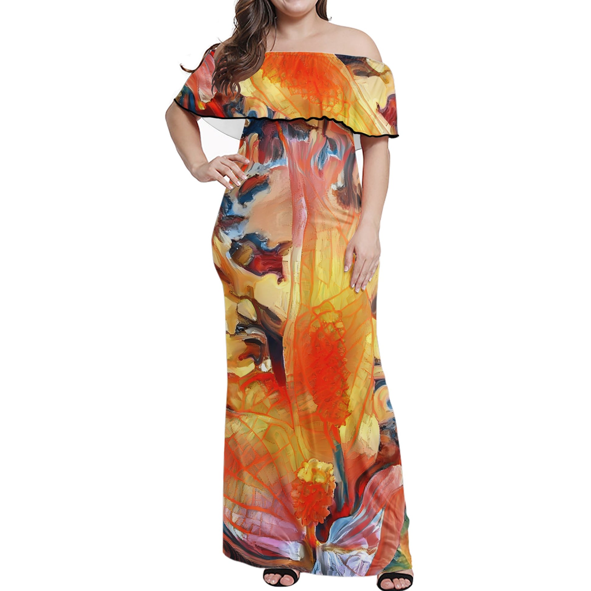 Golden Peace Lily Women Off-shoulder Dress - Luxtrini, LLC