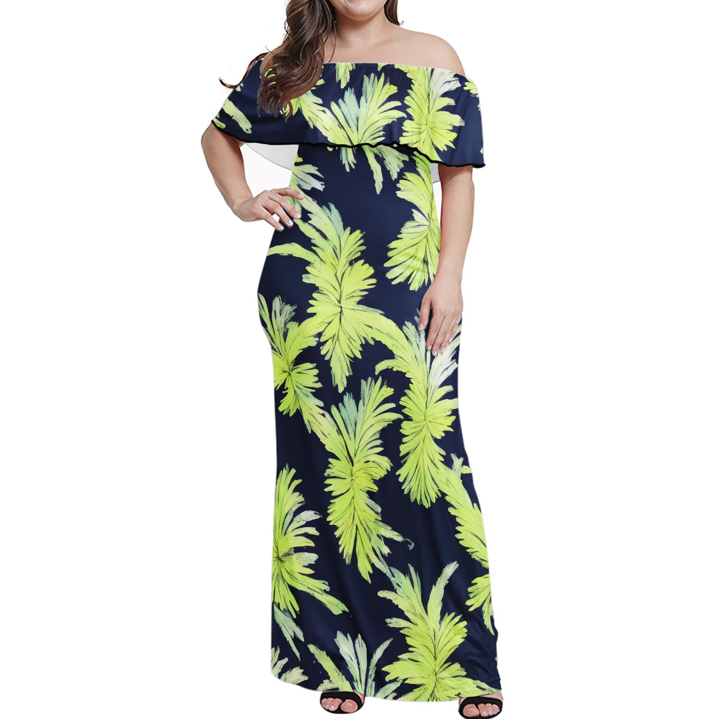 Puakenikeni - Lime Green and Black Women Off-shoulder Dress - Luxtrini, LLC