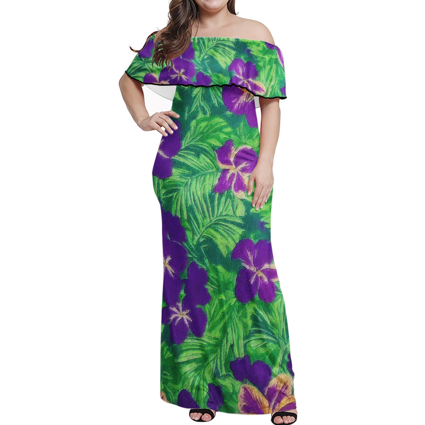 Blue Flag Iris on Green Women Off-shoulder Dress - Luxtrini, LLC