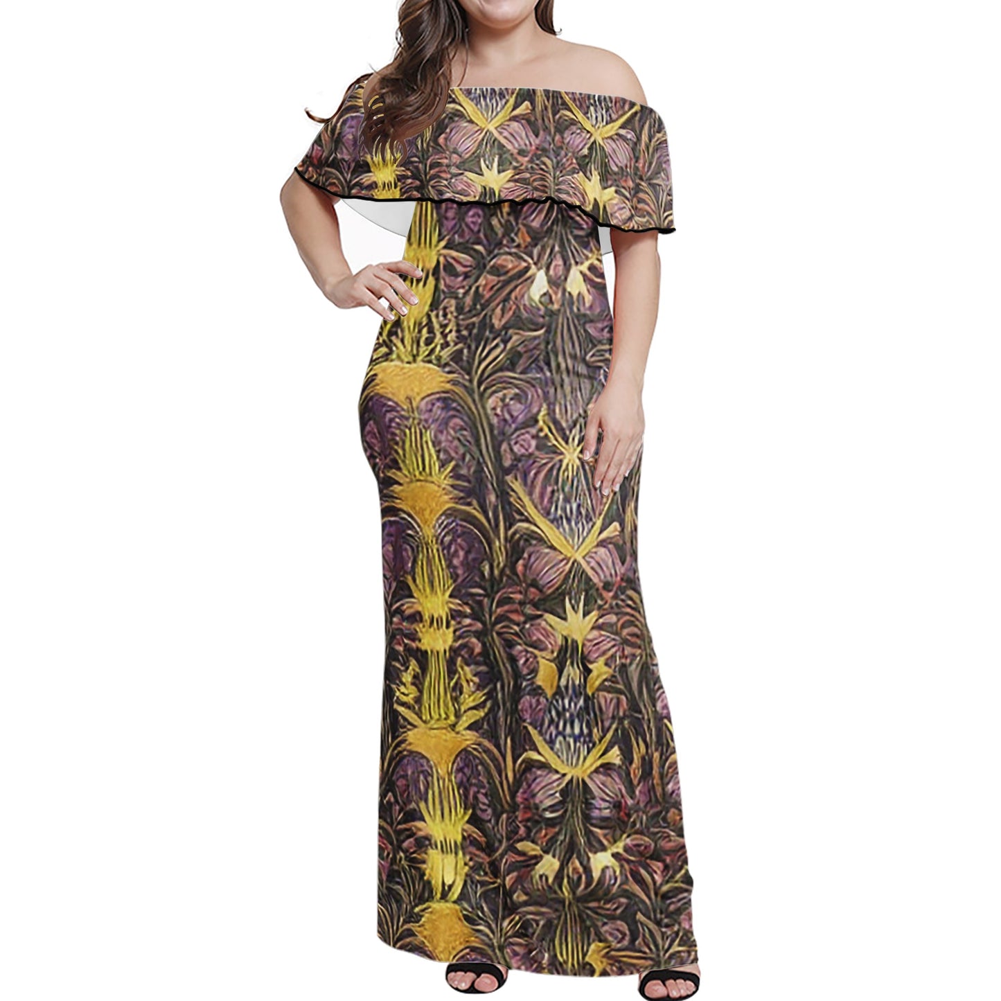 Hawaiian Golden Puakenikeni Women Off-shoulder Dress - Luxtrini, LLC