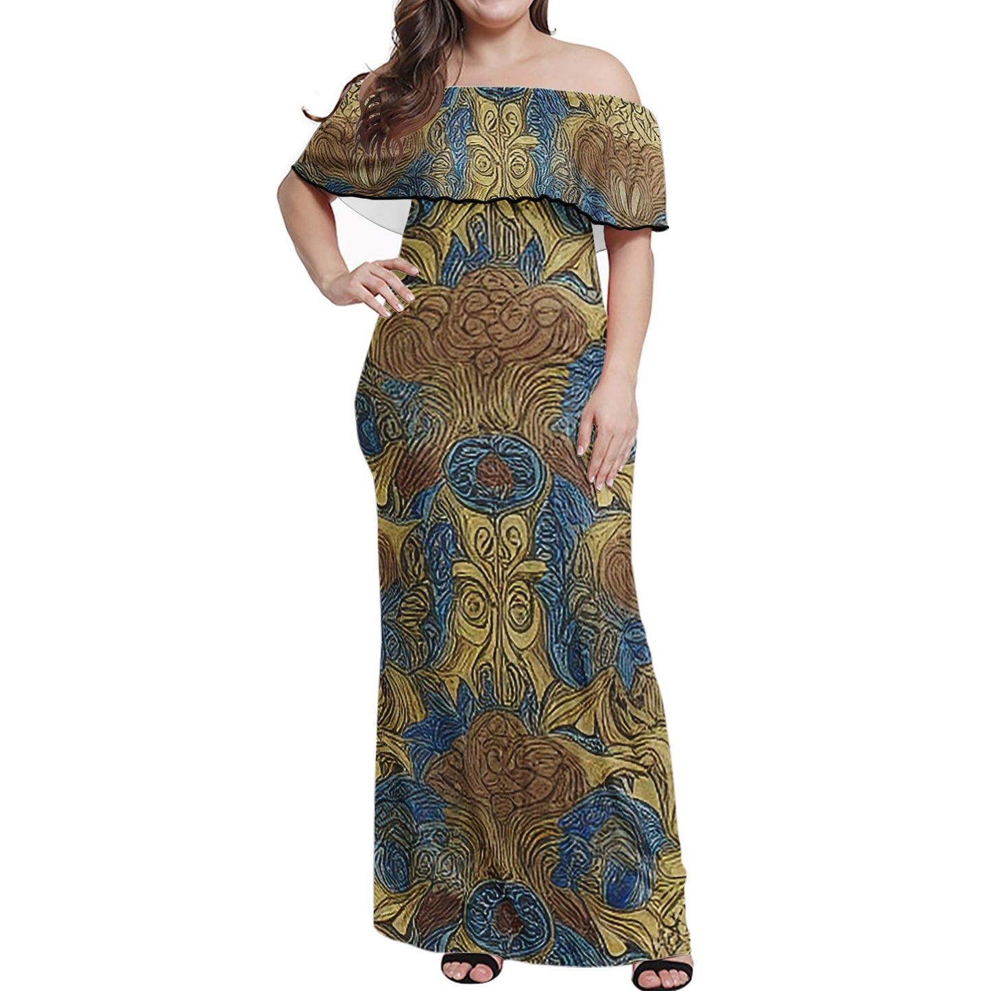 African Ethnic Blue Gold Brown Women Off Shoulder Maxi Dress