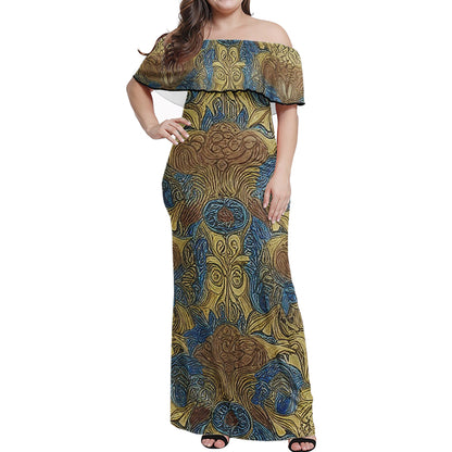 African Ethnic Blue Gold Brown Women Off Shoulder Maxi Dress