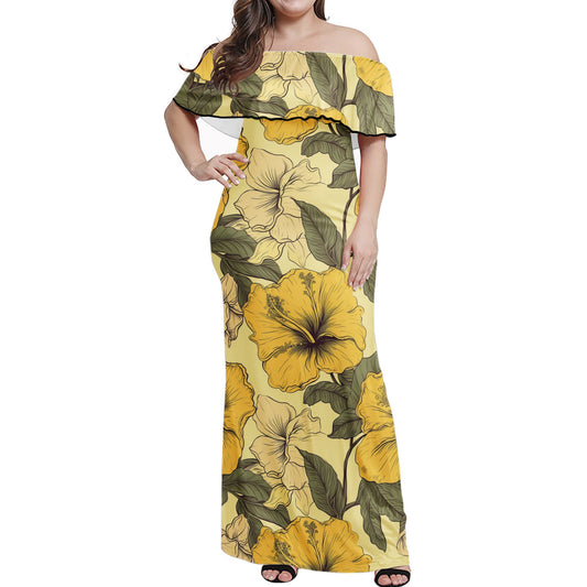 Yellow Hibiscus Women Off-shoulder Dress