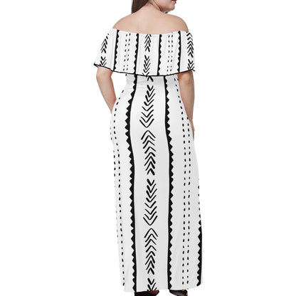 Mudcloth Pattern #20 Women Off-shoulder Dress - Luxtrini, LLC