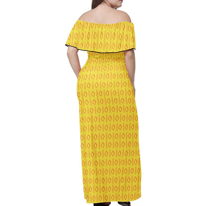 African Ethnic Mudcloth Yellow Women Off Shoulder Maxi Dress - Sizes up to 7XL